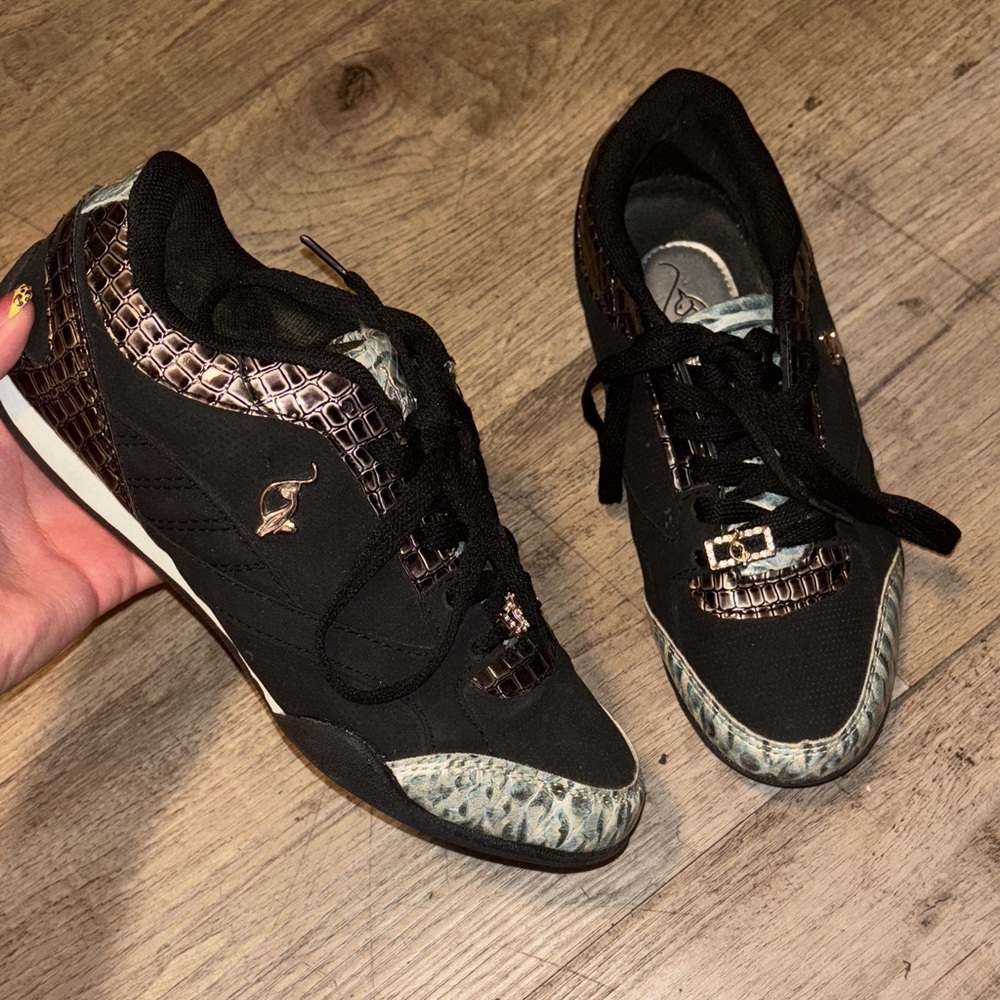 Women's Black Sneakers with Metallic Rose Accent and Snakeskin Trim